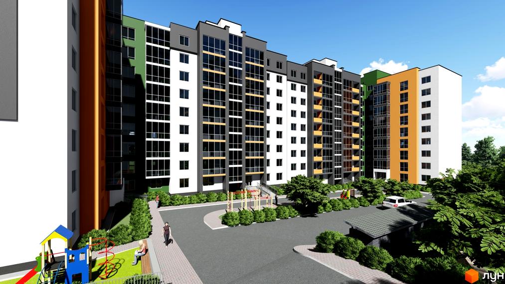 Новобудова на вулиці Чернівецькій, 71, з яскравими фасадами та великими вікнами. Біля будинку розташований дитячий майданчик та зелені насадження.