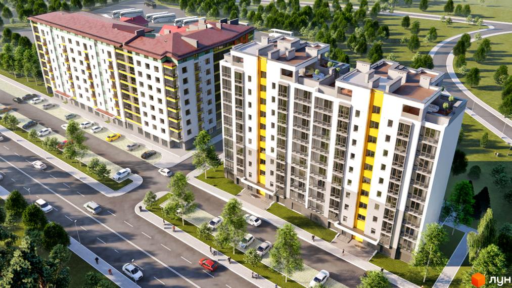 Житловий комплекс Квартал Гімназійний 2 - це багатоповерхові будинки з білими фасадами та жовтими акцентами, розташовані біля дороги з автомобілями та зеленими деревами.