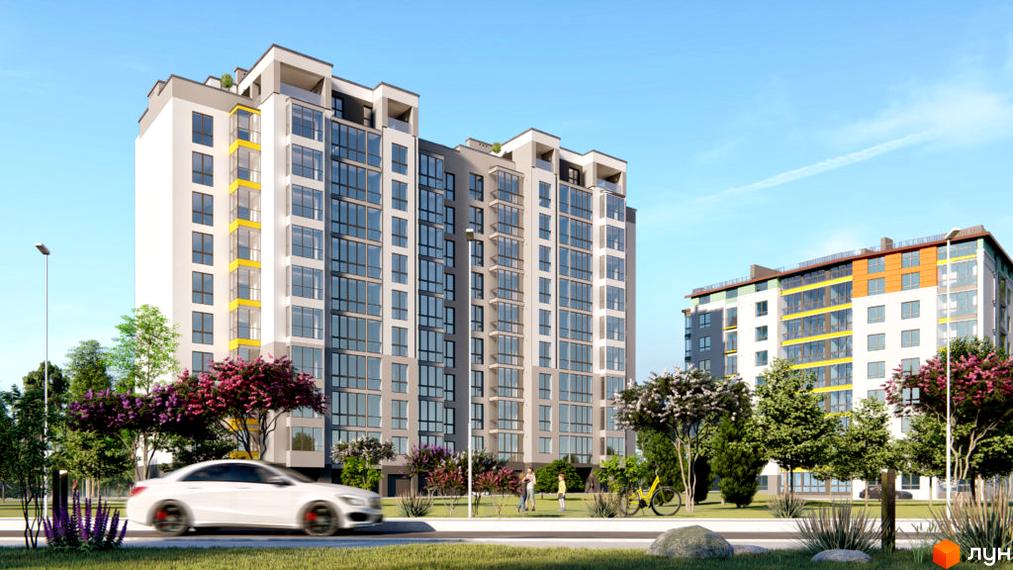 Зовнішній вигляд житлового комплексу Квартал Гімназійний 2 з сучасними фасадами та прибудинковою територією з деревами та автомобілем.