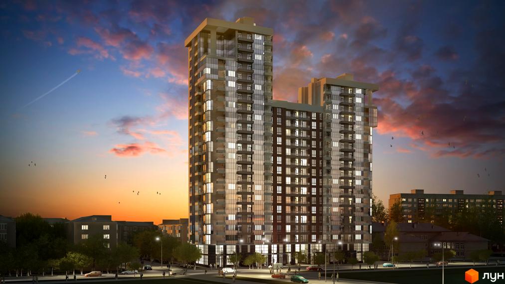 Житловий комплекс Richmond з сучасною архітектурою на фоні вечірнього неба. Прибудинкова територія з зеленими насадженнями та освітленням.