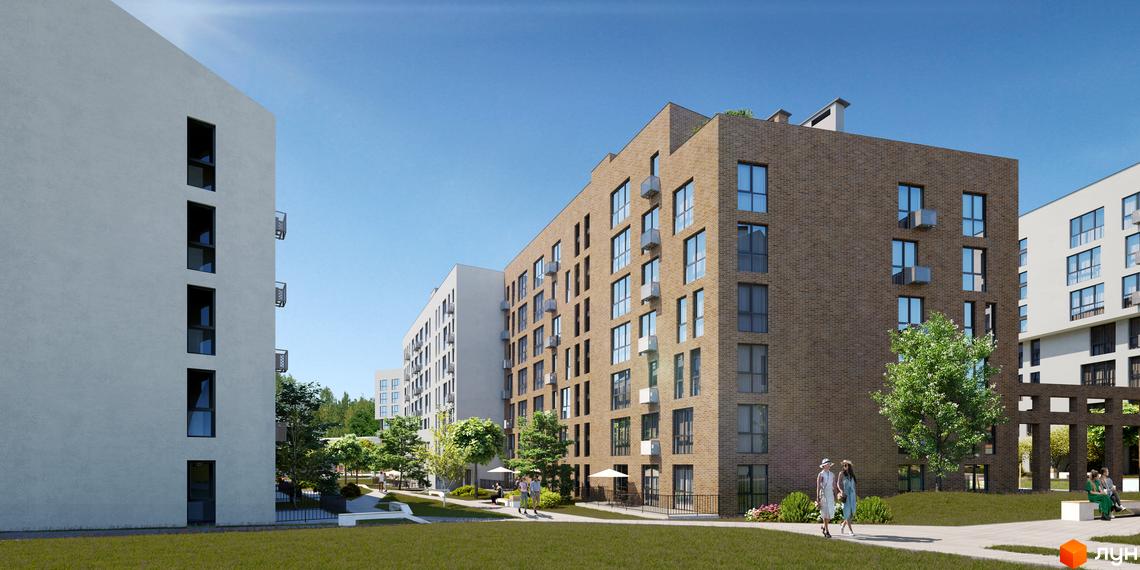 Житловий комплекс Містечко Підзамче: цегляні та білі фасади будинків, вікна, балкони, зелена прибудинкова територія з деревами та місцями для відпочинку.