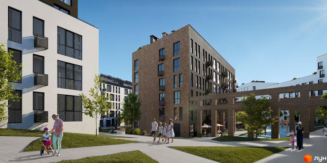 Житловий комплекс Містечко Підзамче. Зовнішній вигляд будинків з цегляним та білим фасадом, зелена прибудинкова територія з дитячим майданчиком та місцями для відпочинку.