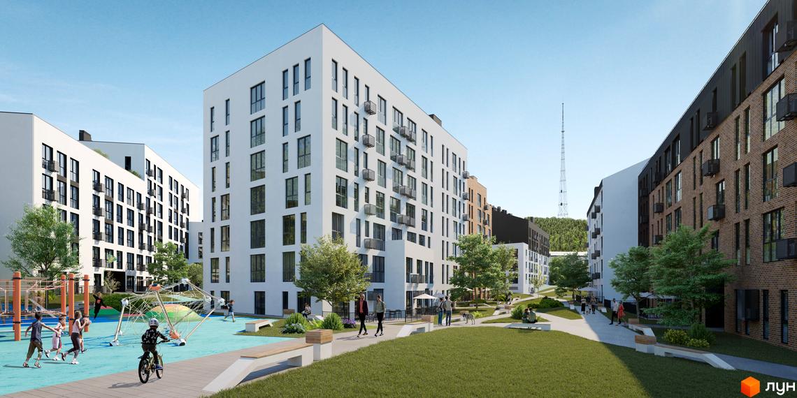 Житловий комплекс Містечко Підзамче: білі та цегляні багатоквартирні будинки з балконами, дитячий майданчик та зелена зона.