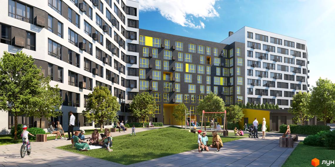 Житловий комплекс Містечко Підзамче з біло-сірими фасадами та жовтими вікнами, прибудинкова територія з дитячим майданчиком та зонами відпочинку.