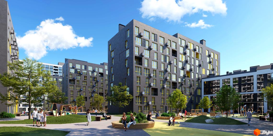 Житловий комплекс Містечко Підзамче: сірі багатоповерхові будинки з жовтими вікнами та зелена прибудинкова територія з дитячим майданчиком та зонами відпочинку.