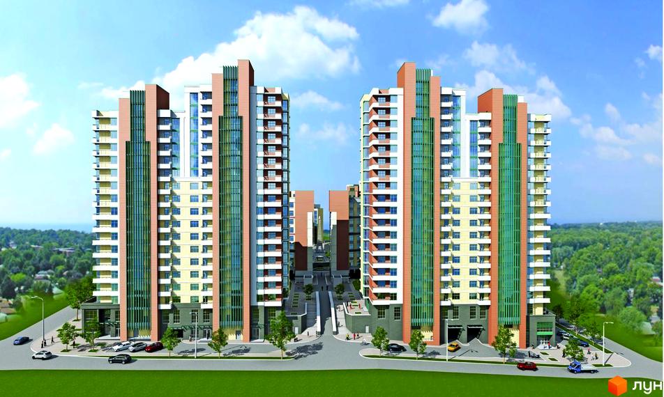 Житловий комплекс Французький квартал: багатоповерхові будинки з бежевими, білими та зеленими елементами. Прибудинкова територія з дорогою та деревами.