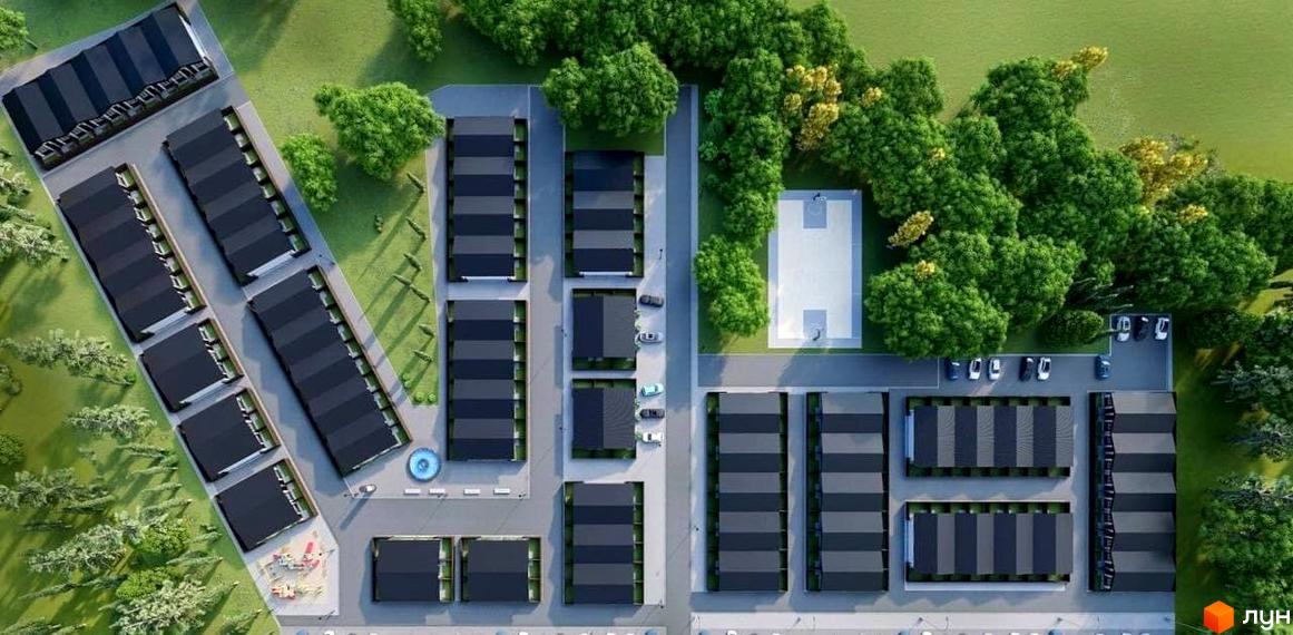 Таунхаус Белгород: вид зверху на ряди сучасних будинків з темними дахами та прибудинковою територією з баскетбольним майданчиком та зеленими насадженнями.