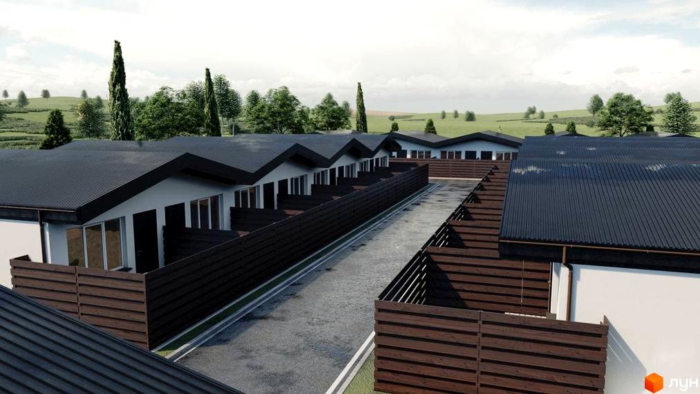 Таунхаус „Белгород“: ряд будинків з темними дахами та світлими фасадами, розділених дерев'яними огорожами, з асфальтованою дорогою та зеленими насадженнями.