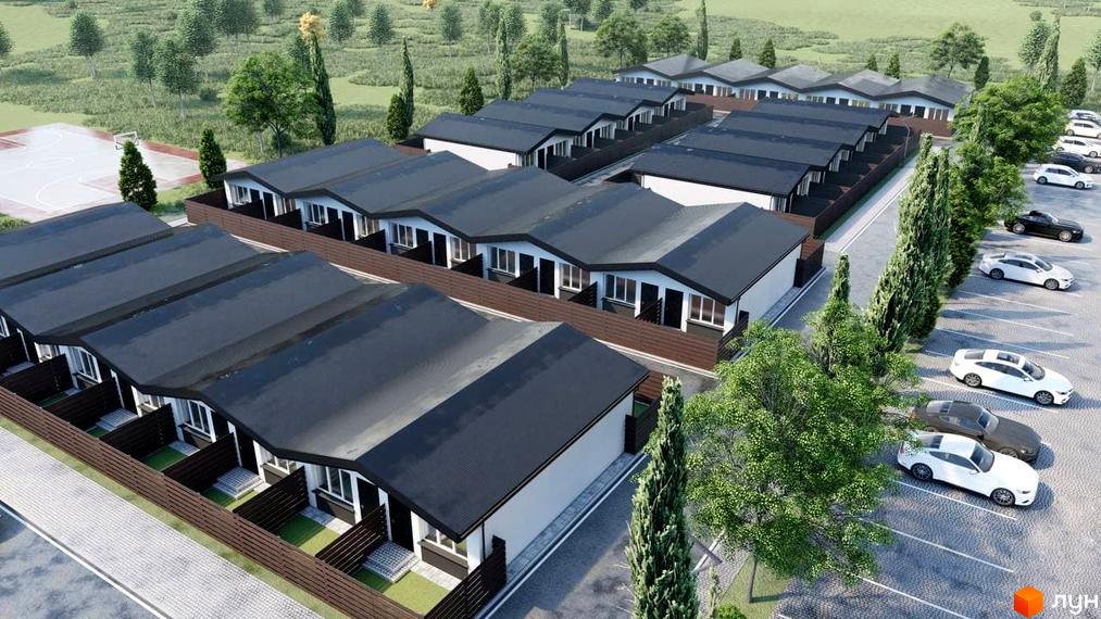 Ряд таунхаусів Таунхаус „Белгород“ з чорними дахами та світлими фасадами. Поруч паркінг, зелені насадження та спортивний майданчик.