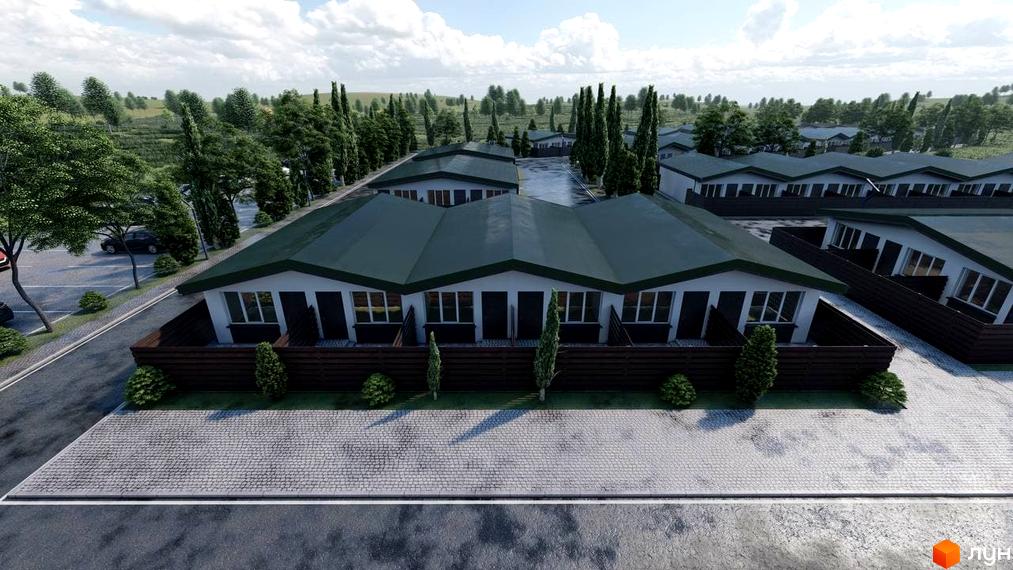 Таунхаус Белгород з темними дахами та світлими фасадами, оточений зеленими насадженнями та брукованими доріжками.