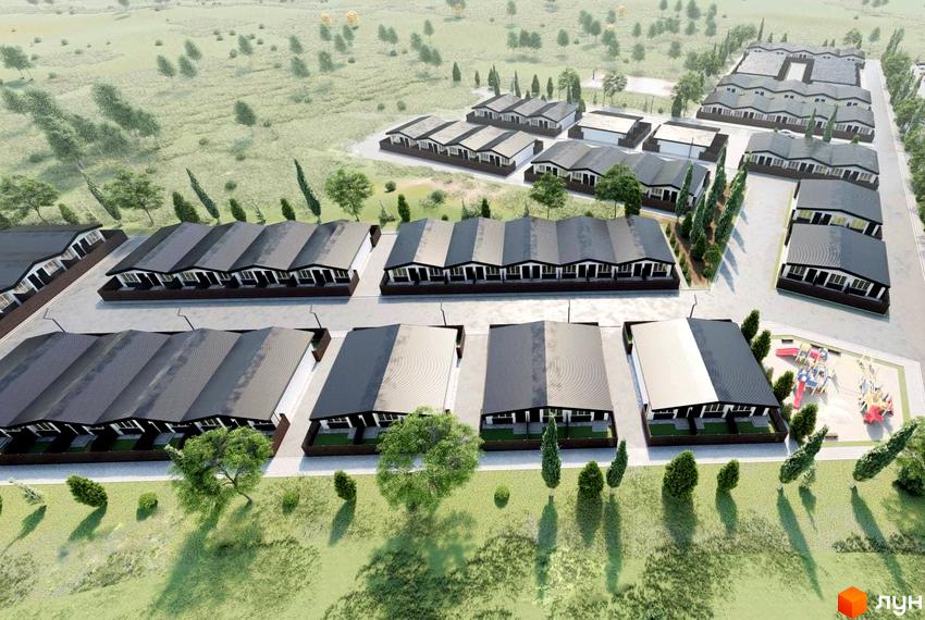 Аерофото Таунхаус Белгород: ряди одноповерхових будинків з темними дахами та прибудинковими ділянками. Видно дитячий майданчик та зелену територію.