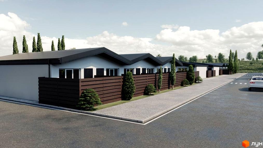 Таунхаус Белгород: ряд одноповерхових будинків з темними дахами та дерев'яними парканами. Прибудинкова територія з бруківкою та зеленими насадженнями.