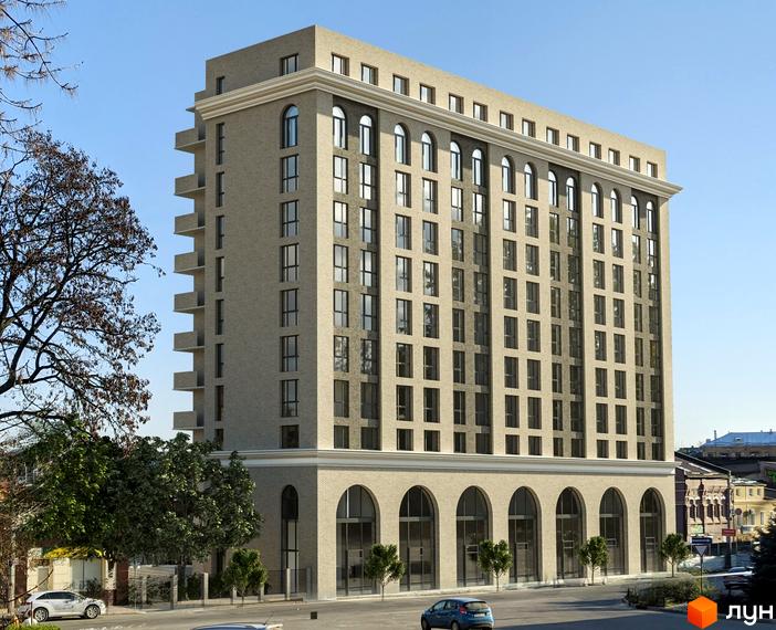 Житловий комплекс Європейський - це багатоповерхова новобудова з цегляним фасадом та арковими вікнами на першому поверсі. Навколо будівлі розташовані дерева та міська вулиця з автомобілями.