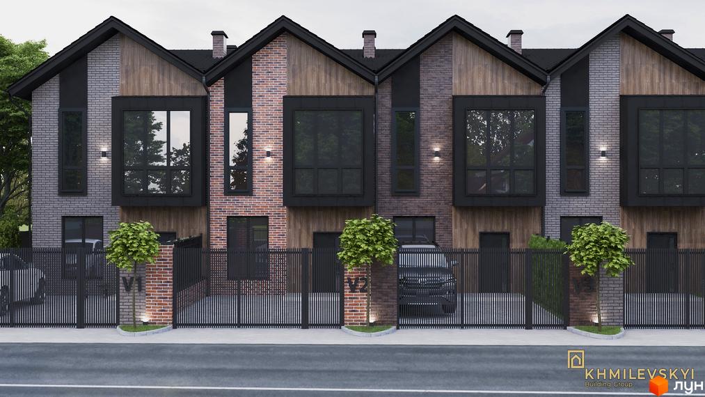 Таунхауси V8 townhouse: фасади з комбінованої цегли та дерева, великі вікна, огороджена територія з деревами та парканом.