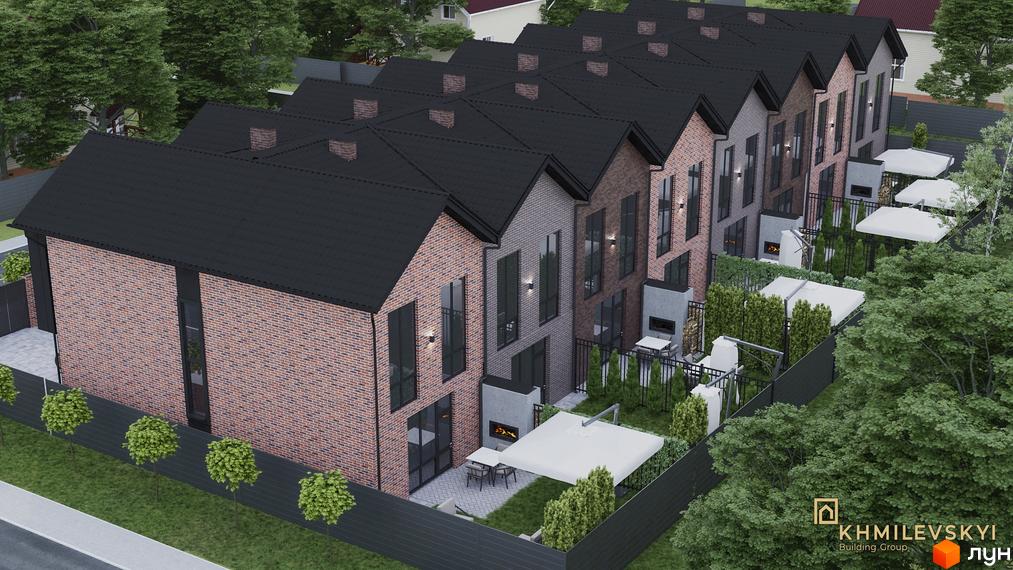 Таунхауси V8 townhouse з цегляним фасадом та чорним дахом, з прибудинковою територією з зеленими деревами та зонами відпочинку.