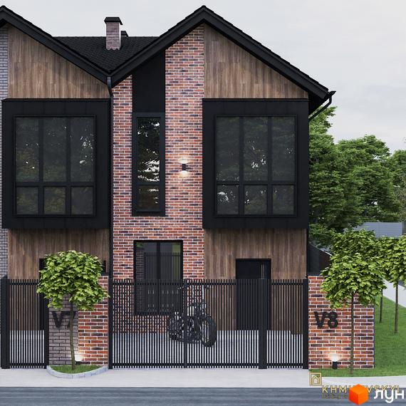 Таунхауси V8 townhouse – цегляний будинок з дерев'яними вставками та великими чорними вікнами, огороджений парканом з кованими елементами.