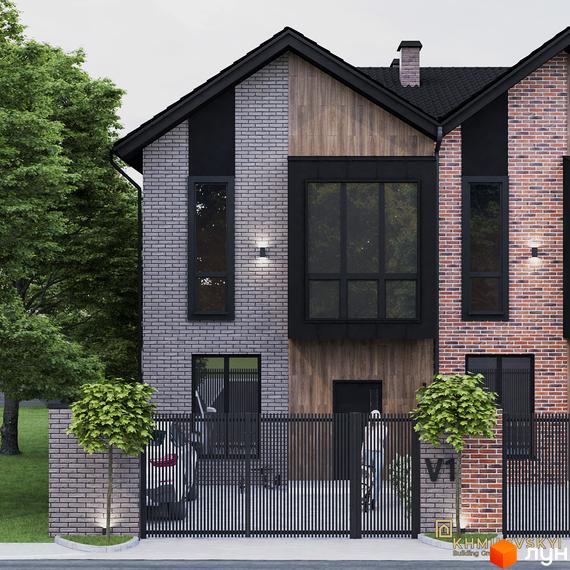 Двоповерховий таунхаус V8 townhouse з цегляним фасадом та великими вікнами, огороджена територія з деревами та парканом.