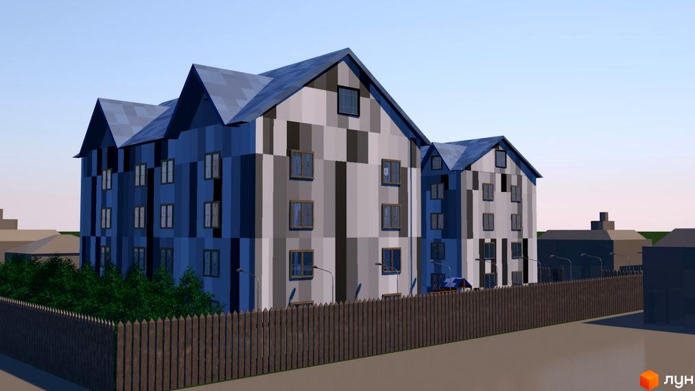 Зовнішній вигляд житлового комплексу на вул. Осіння, 71, з фасадом у шаховому візерунку та дерев'яним парканом навколо. Навколо будинку зелені насадження та міське освітлення.