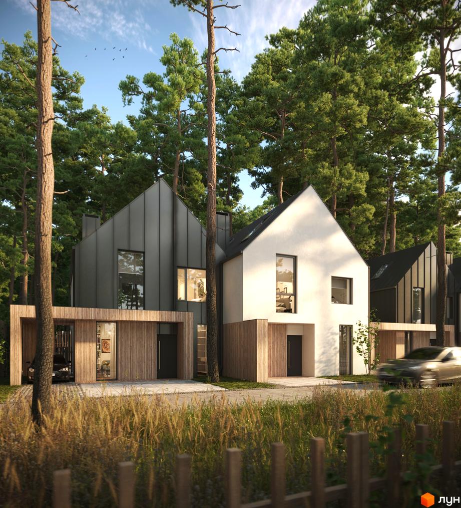 Котеджне містечко Toscana House 2: сучасні будинки з дерев'яними елементами та великими вікнами на тлі соснового лісу. Навколо - доглянута територія з травою та парканом.