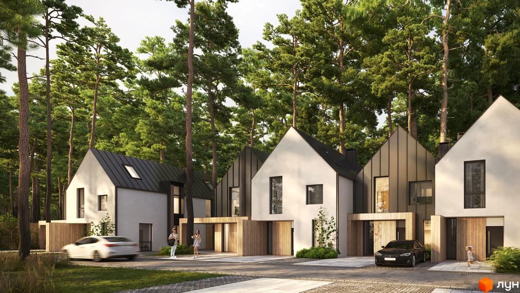 Котеджне містечко Toscana House 2 з білими будинками та темними дахами, розташоване серед дерев. На території є парковка для автомобілів та доріжки.