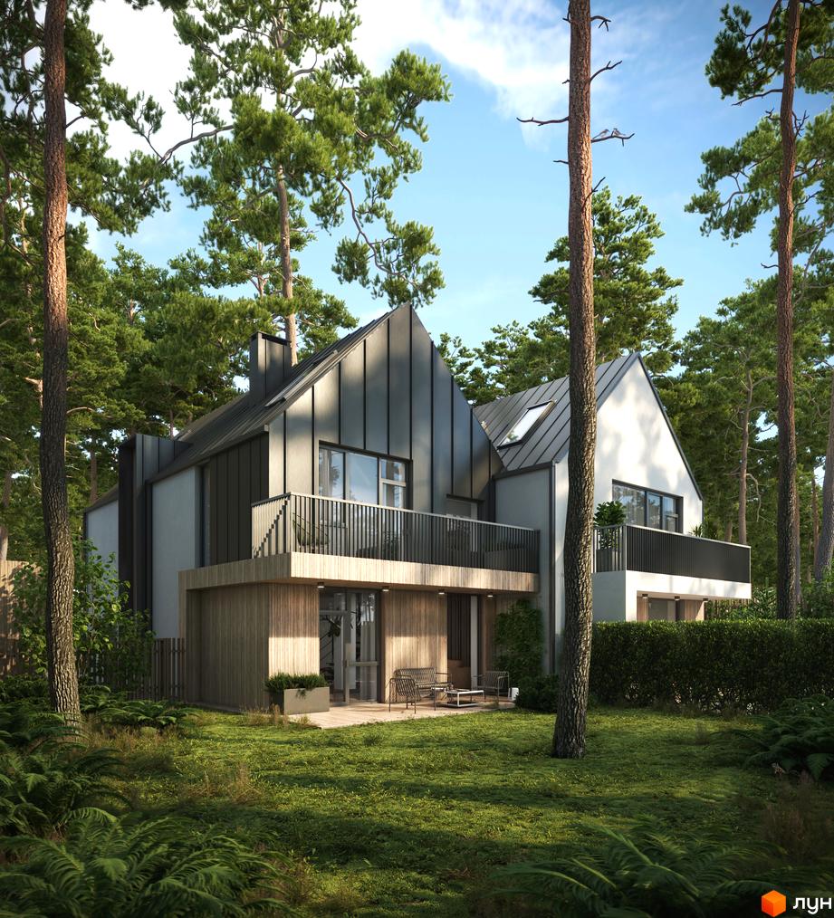 Toscana House — двоповерховий будинок з темним дахом та балконом серед лісу. На подвір'ї газон, дерева та кущі.