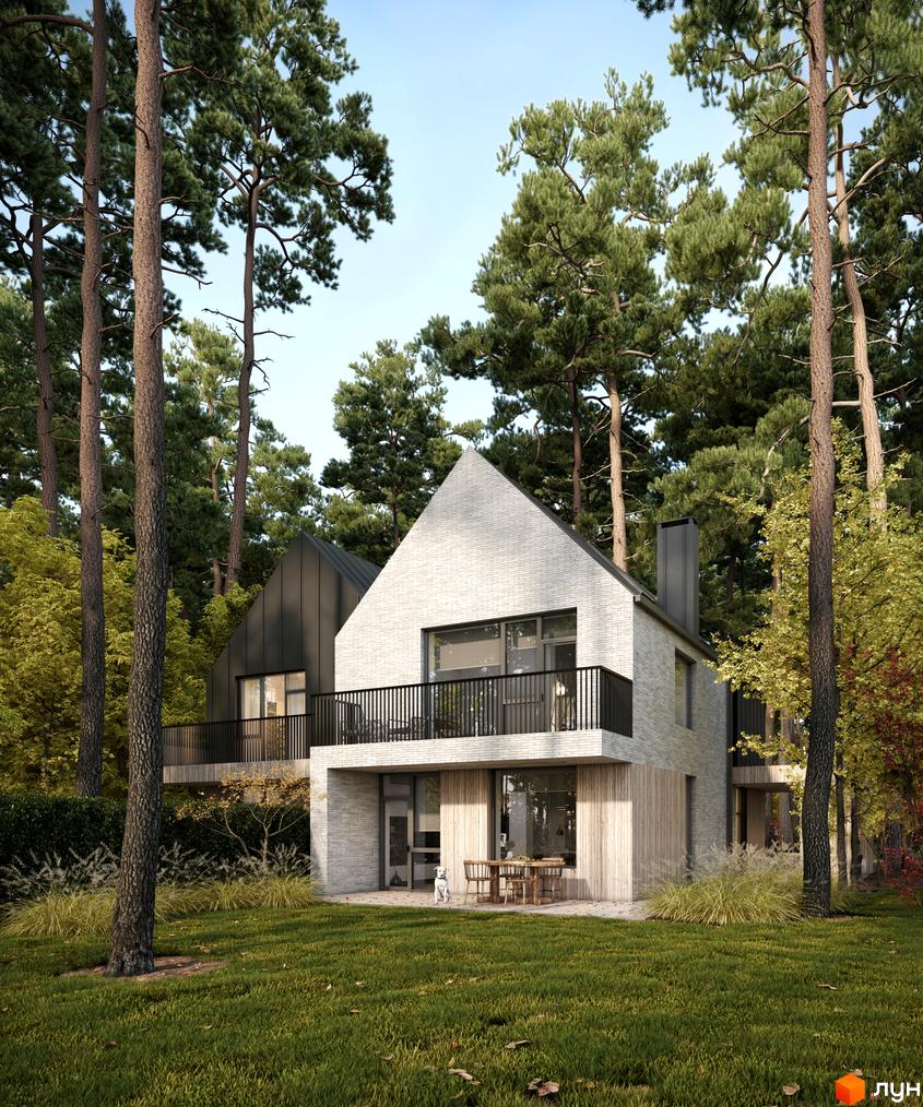 Двоповерховий будинок Toscana House з білої цегли з балконом та великими вікнами. На території є газон, дерева та тераса з меблями.