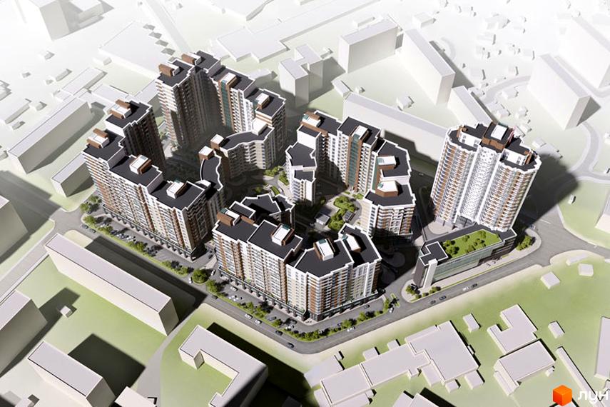 Аерофото Житлового комплексу Французький квартал: багатоповерхові будинки з білими та коричневими фасадами, внутрішні двори з озелененням, дороги.