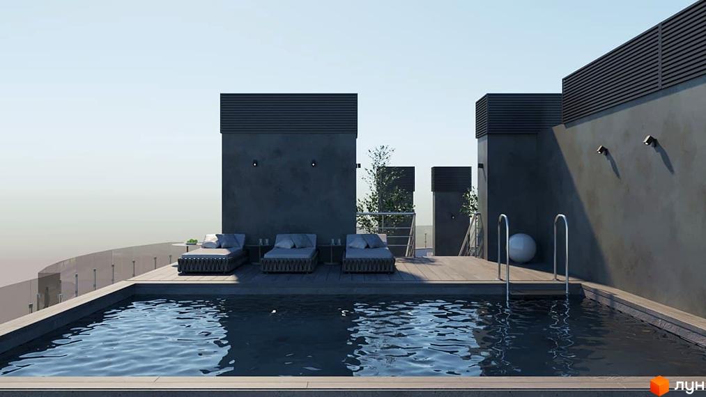 Житловий комплекс Зелений замок: басейн та зони відпочинку на даху. Зовнішній вигляд новобудови з сірими фасадами та дерев'яними елементами.