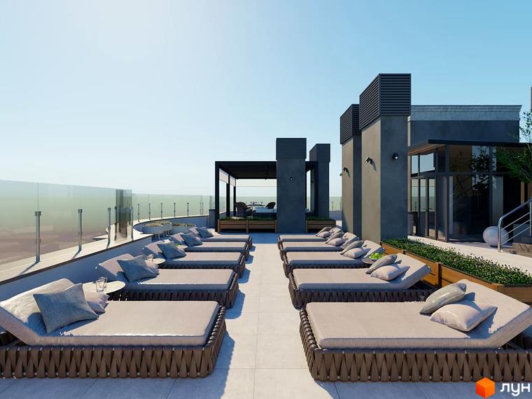 Зелений замок: тераса з шезлонгами та видом на місто. Сучасний житловий комплекс із зоною відпочинку на даху.