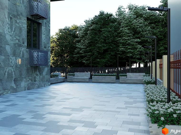 Зовнішній вигляд новобудови ЖК Зелений замок з сірою мармуровою плиткою та великими вікнами. Прибудинкова територія з лавочками, ліхтарями та зеленню.