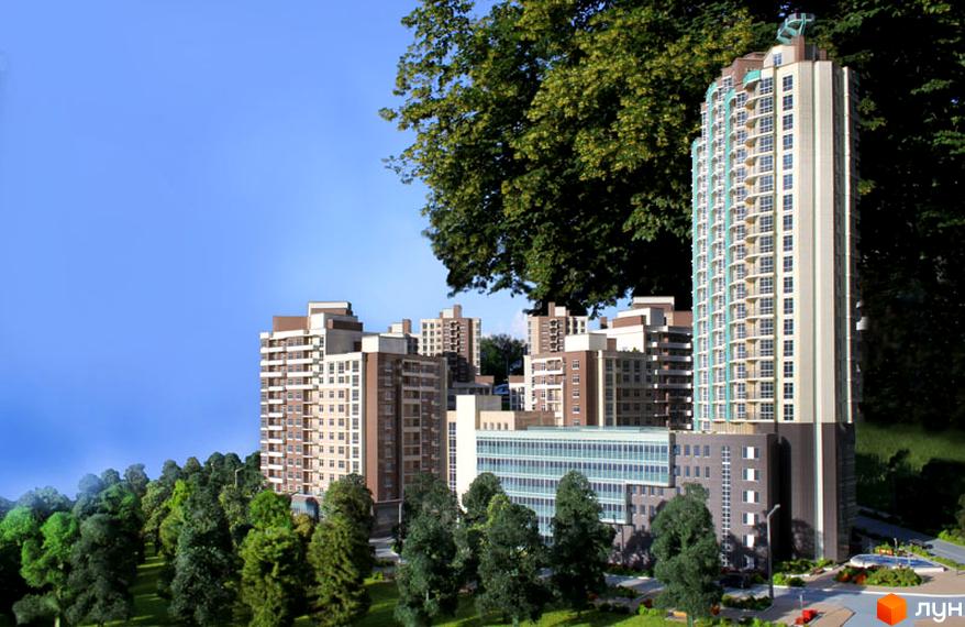 Житловий комплекс Французький квартал: високий будинок зі світлим фасадом та бірюзовими балконами, оточений іншими будівлями та зеленими деревами.