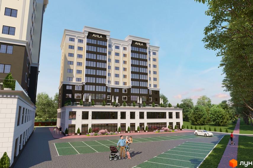 Житловий комплекс Avila Lux II - це багатоповерхова новобудова зі світлим фасадом та темними вікнами, розташована біля парковки та зеленої зони з деревами.