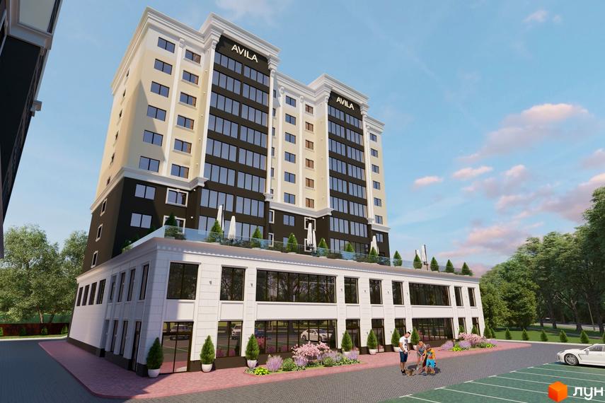 Зовнішній вигляд новобудови ЖК Avila Lux II з фасадом з темних та світлих панелей та скляними вікнами. На прибудинковій території видно зелені насадження та зону відпочинку.