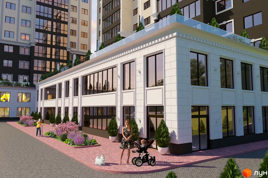 Зовнішній вигляд комплексу Avila Lux II з фасадом з білої цегли та великими вікнами. На прибудинковій території розташовані зелені насадження та дитячий майданчик.