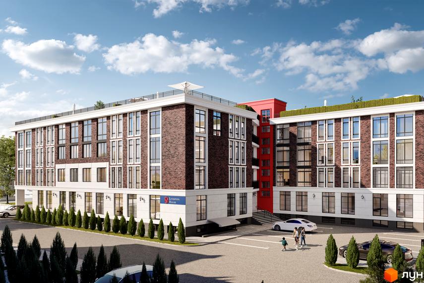 Новобудова Liverpool House має фасади з цегли та білих панелей, з червоними акцентами. Навколо будинку облаштована парковка та ряди зелених насаджень.