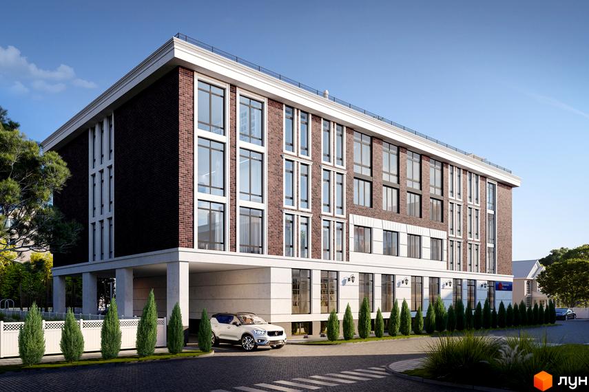 Зображення фасаду Клубного будинку Liverpool House з великими вікнами. На передньому плані зелені насадження та пішохідний перехід.