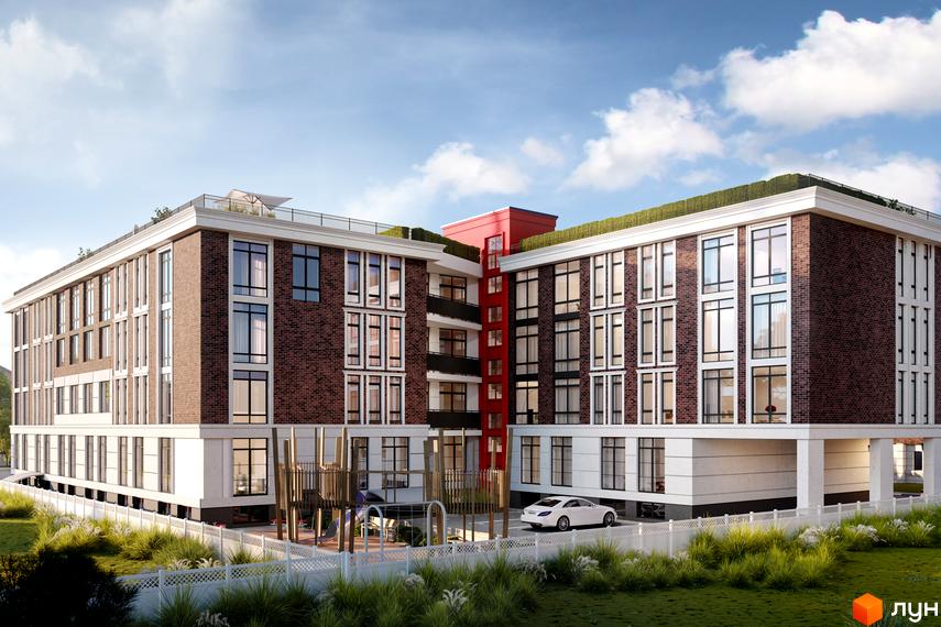 Зображення чотириповерхового будинку з червоної цегли в Liverpool House. На території є дитячий майданчик та парковка.