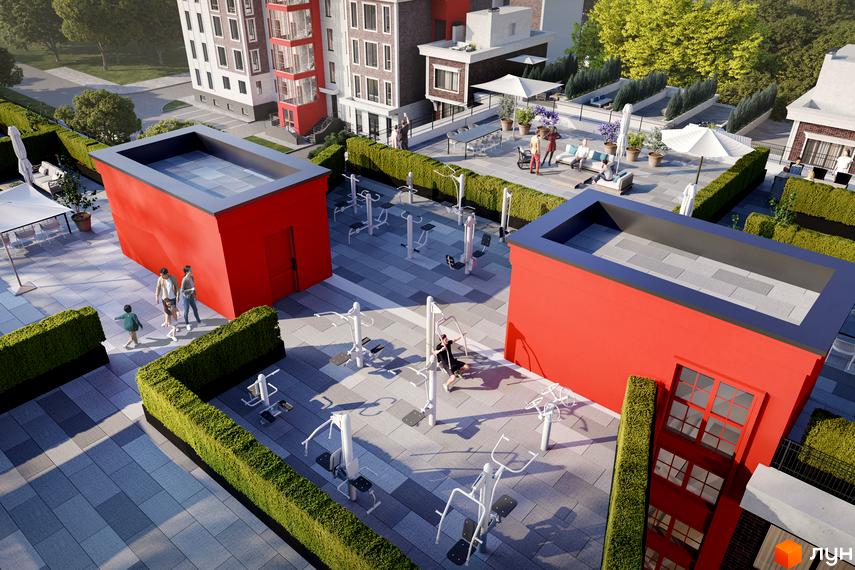 Житловий комплекс Liverpool House з червоними будівлями та зоною для тренувань на даху. Навколо багато зелені та місць для відпочинку.