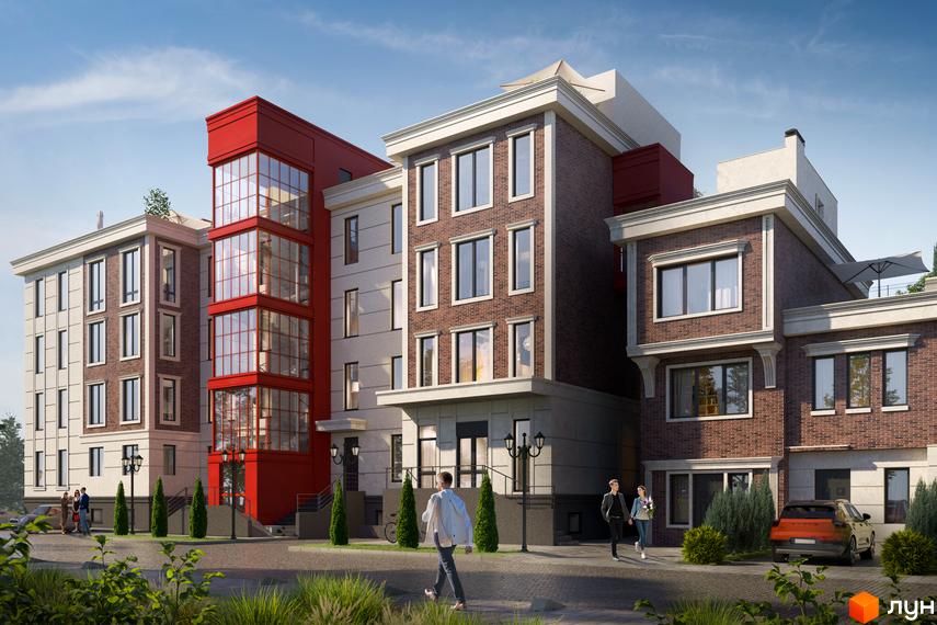 Зображення фасаду Клубного будинку Liverpool House. На передньому плані пішохідна зона з деревами та припаркованим авто.