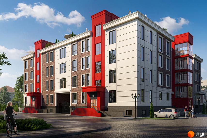 Зображення фасаду Житлового комплексу Liverpool House. Чотириповерхова будівля з червоними та білими елементами, поруч припарковані авто.