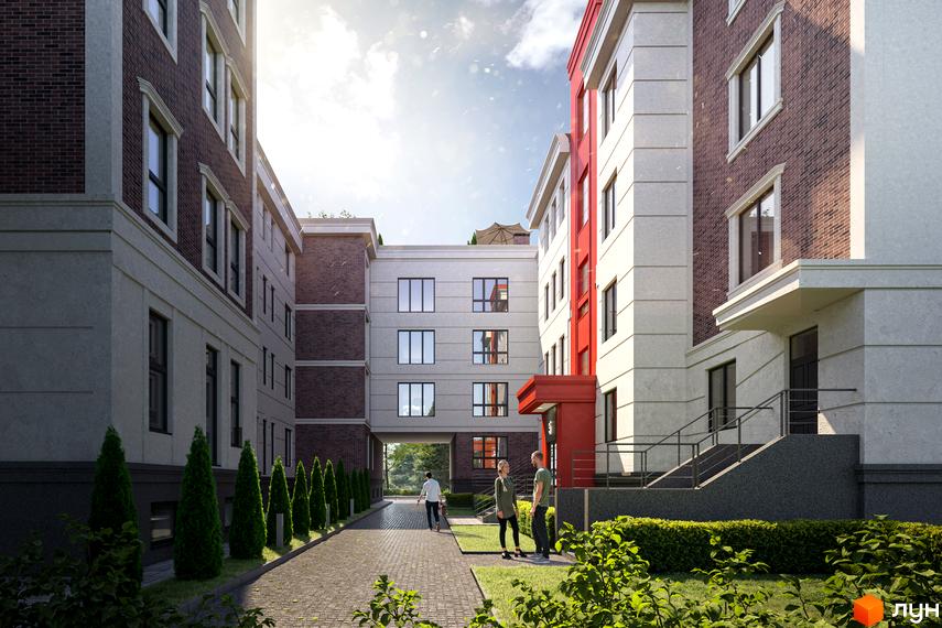 Клубний будинок Liverpool House: фасад будівель з цегли та світлих панелей, червоні акценти, доріжки та зелені насадження.