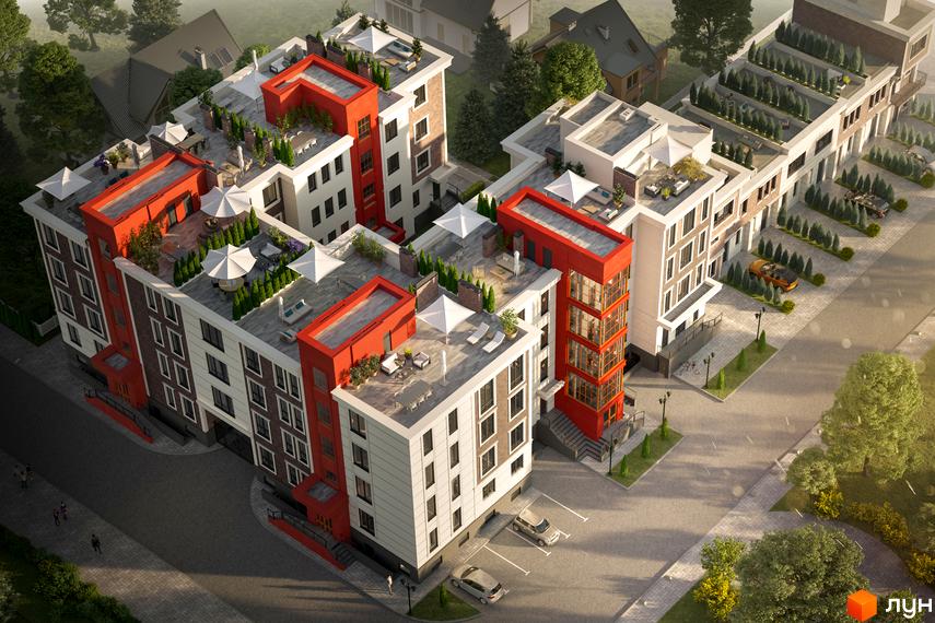 Клубний будинок Liverpool House з біло-коричневими фасадами та червоними акцентами на дахах з терасами. Навколо комплексу є парковка, зелені насадження та дороги.