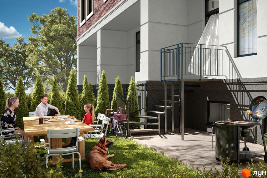 Фасад Клубного будинку Liverpool House з цегляною кладкою та світлими стінами. На прилеглій території зелений газон, тераса з обіднім столом та зоною барбекю.