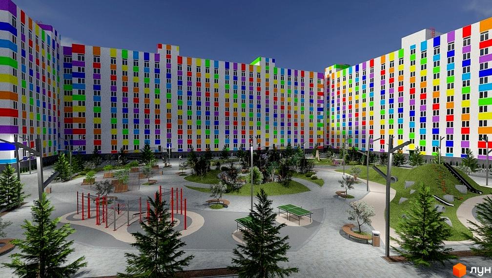 Комплекс Воробйовi гори на полях-3 з яскравим фасадом та дитячим майданчиком. На території розташовані спортивні зони та зони відпочинку.