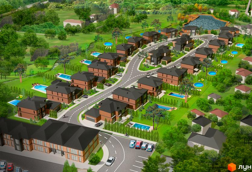 Котеджне містечко LakeWood 2 з будинками з темно-коричневими фасадами та окремими басейнами, розташоване серед зелених насаджень.