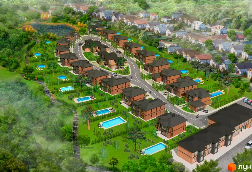 Котеджне містечко КМ LakeWood 2 з цегляними будинками та басейнами на доглянутій зеленій території біля озера. Навколо розташовані інші будинки та ліс.