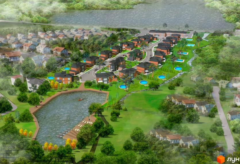 Котеджне містечко КМ LakeWood 2 з сучасними будинками та озелененою територією біля озера. На території комплексу є басейни та зони відпочинку.