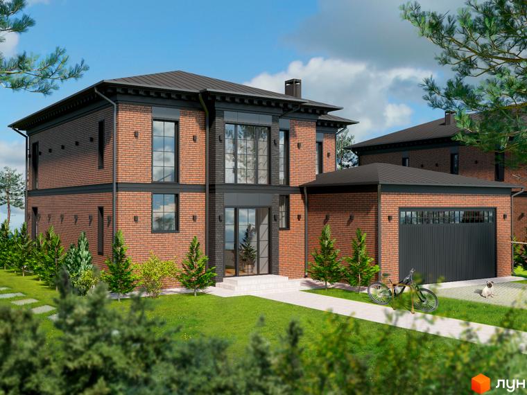 Двоповерховий будинок з цегляними стінами та темною покрівлею в Містечку котеджів LakeWood 2. На прибудинковій території газон, доріжки та зелені насадження.