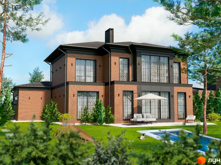 Котеджне містечко КМ LakeWood 2: двоповерховий будинок з цегляним фасадом, великими вікнами та прибудинковою територією з басейном та зоною відпочинку.