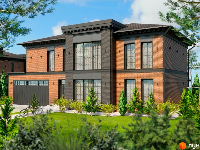 Котеджне містечко КМ LakeWood 2. Двоповерховий будинок з червоної цегли та темними елементами фасаду, великими вікнами, гаражними воротами та доглянутою прибудинковою територією з деревами та газоном.